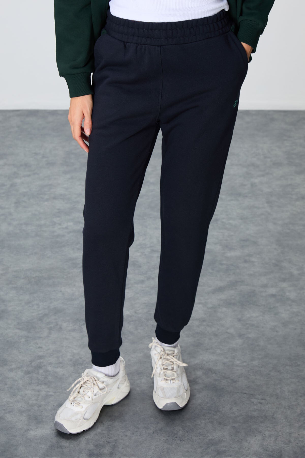 Çam Yeşili-Lacivert Pamuklu Kalın Kapüşonlu Oversize Fit Kadın Eşofman Takım - 95343