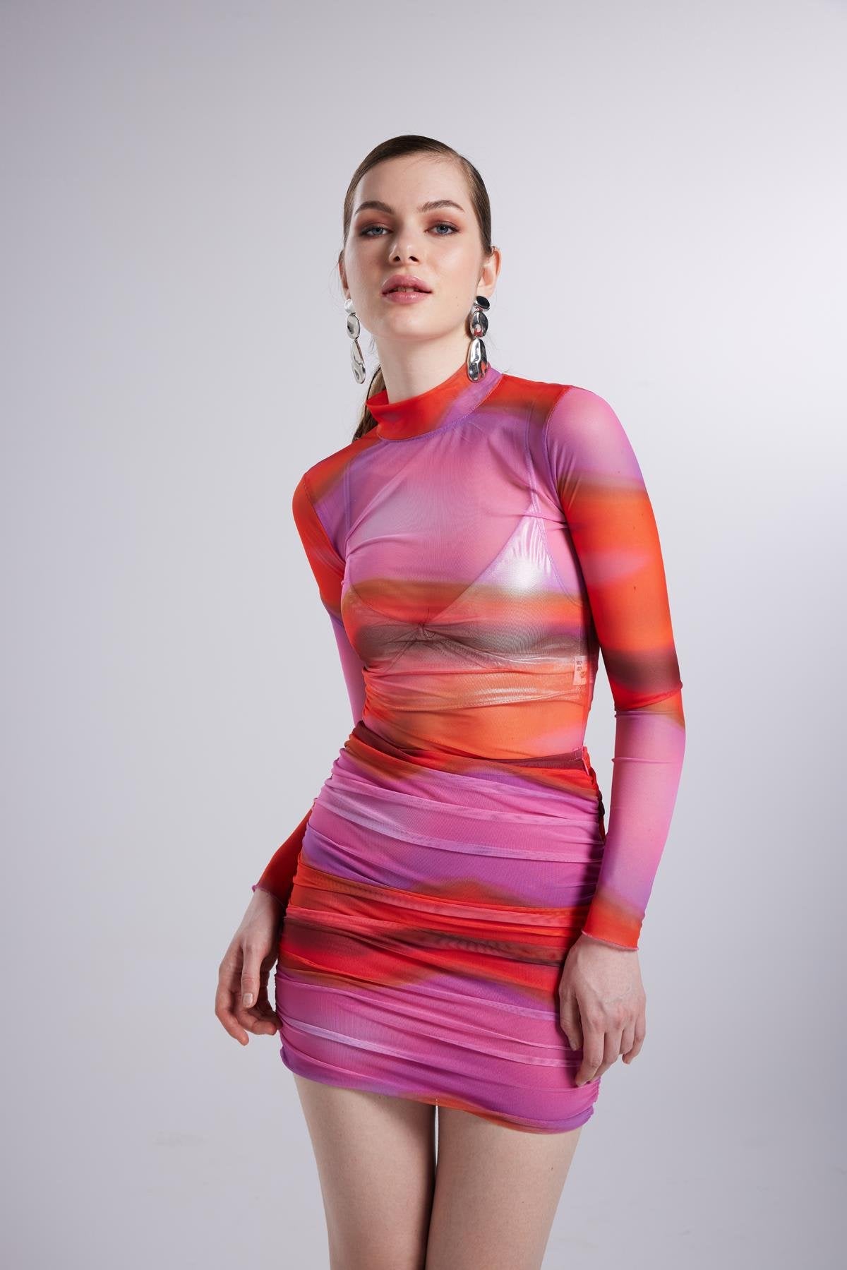 Balıkçı Yaka Astarlı Mini Çok Renkli İkili Inferno Takım Pembe