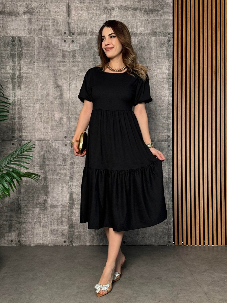 Women's Short Sleeve Open Collar Layered Crinkled Balloon Dress