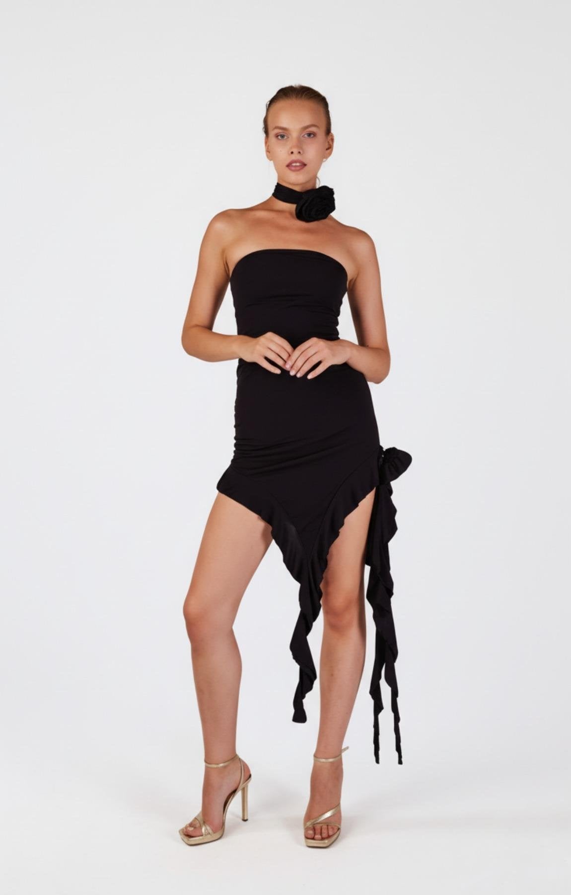 Çiçek Detaylı Fırfırlı Rosanna Elbise Siyah