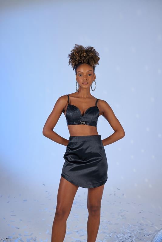 Askılı Crop Saten Fancy Büstiyer Siyah Siyah L