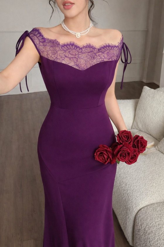 Women's Chest and Collar Lace Detail Boat Neck Look Long Imported Crepe Dress