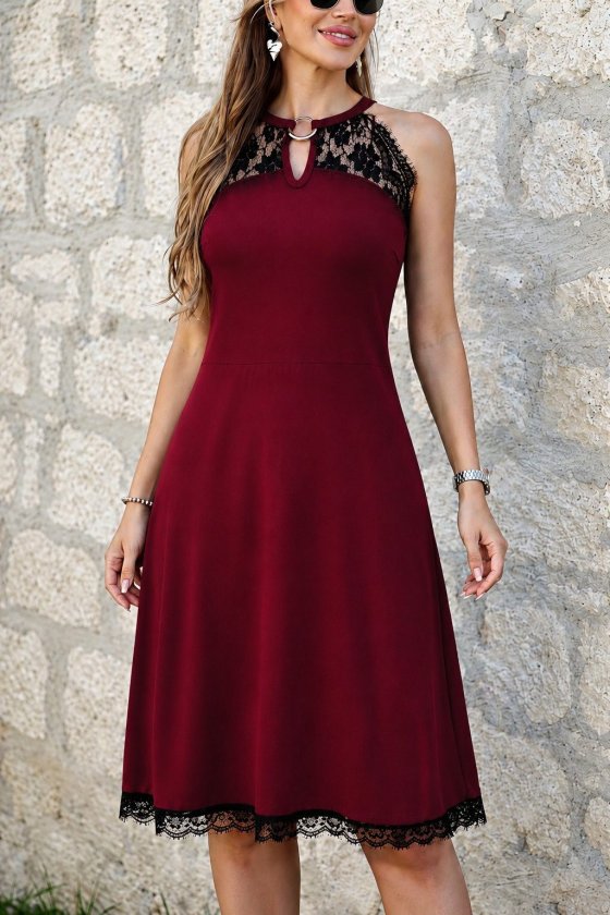 Women's Off-Shoulder Neckline with Ring Accessory Detailed Lace Midi Viscose Dress