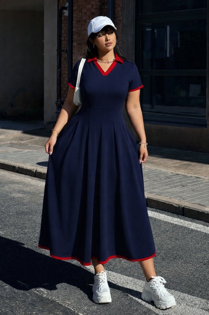 Women's Short Sleeve V Neck Pleated Long Ruffled Crepe Dress