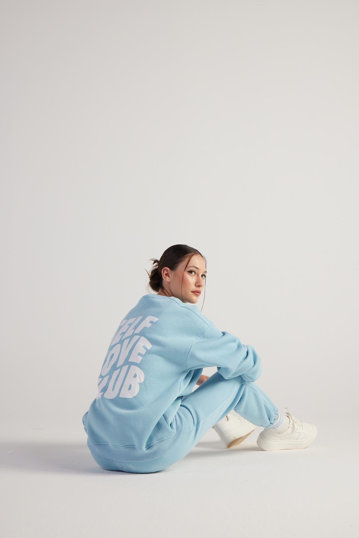 Kadın Mavi Oversize Şardonlu Yazı Baskılı Fluffy Sweatshirt Mavi L