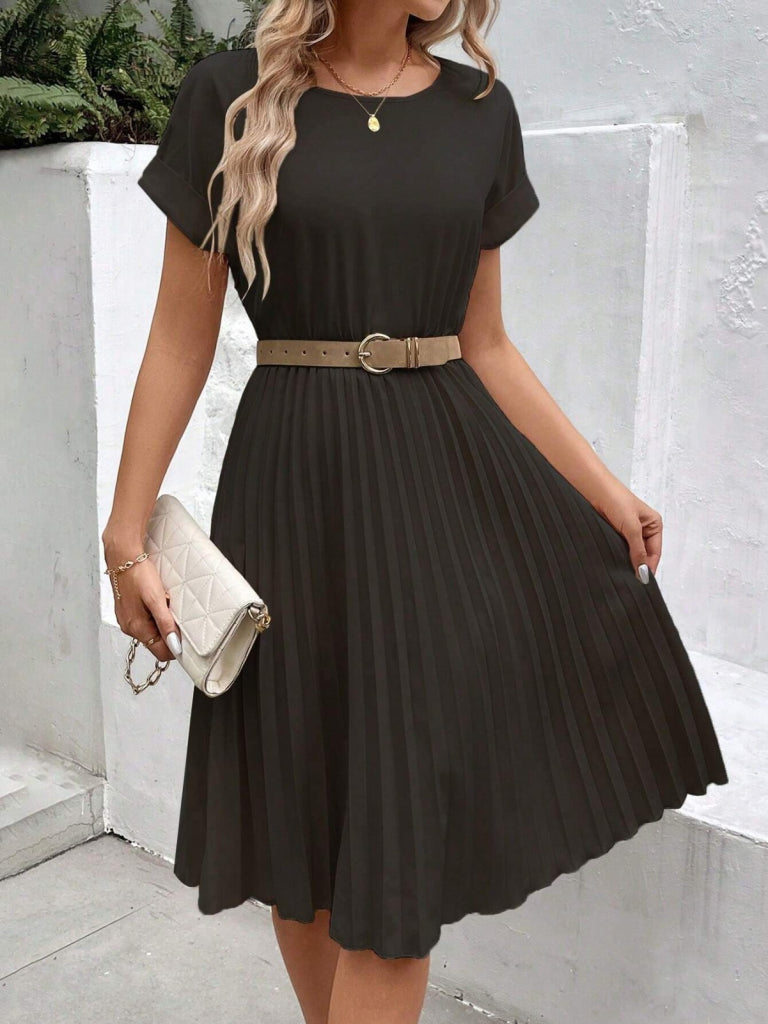 Women's Short Sleeve Open Neck Elastic Waist Pleated Short Imported Crepe Dress
