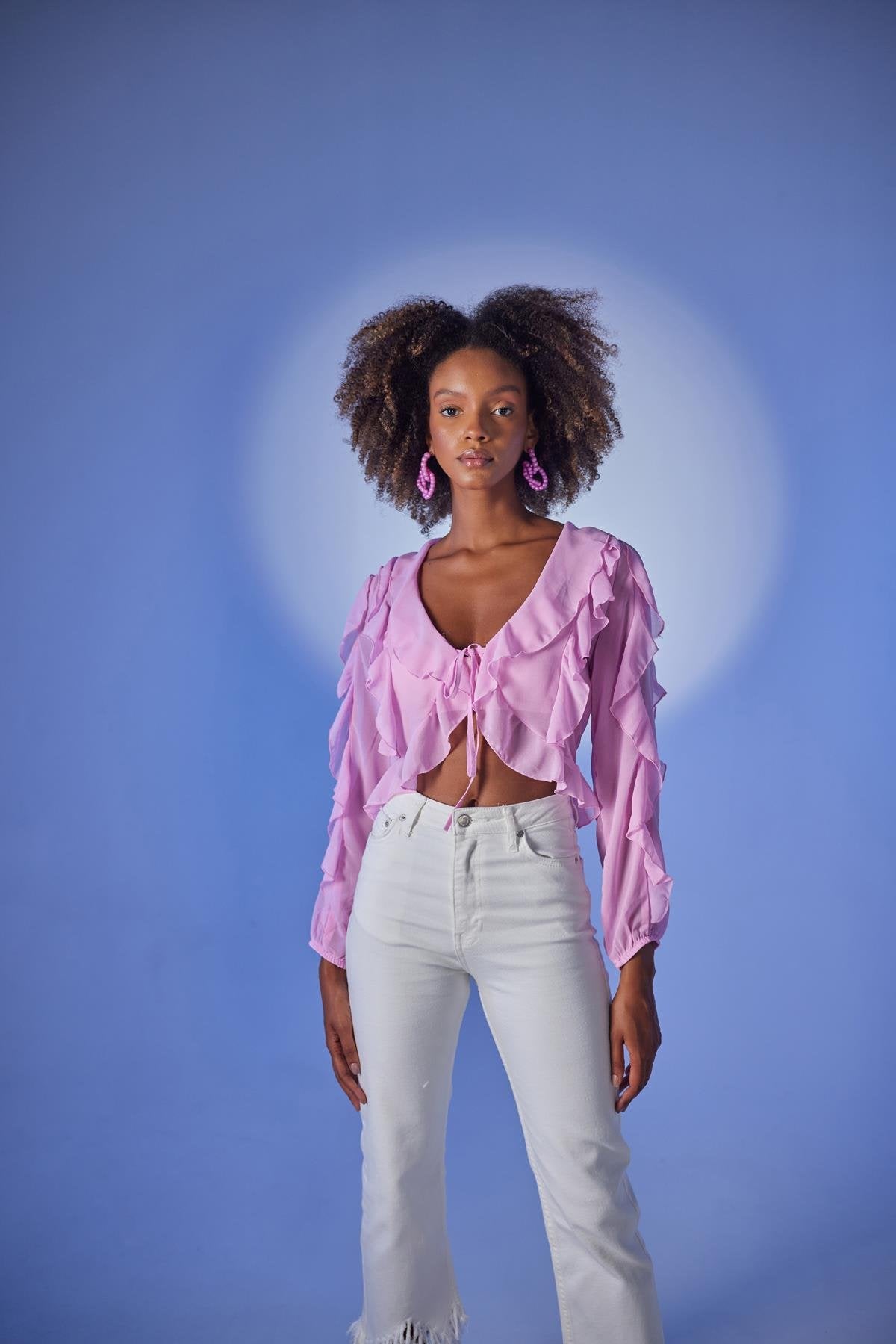 Crop Model Bağlamalı Kol Detaylı Elsa Bluz Pembe