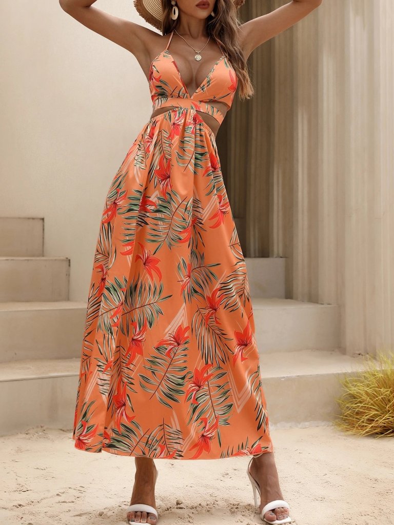 Women's Strap Neck-Tied V-Neck Slit Long Patterned Supreme Dress