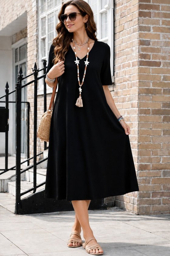 Women's Short Sleeve V-Neck Pocket Detail Midi Viscose Dress