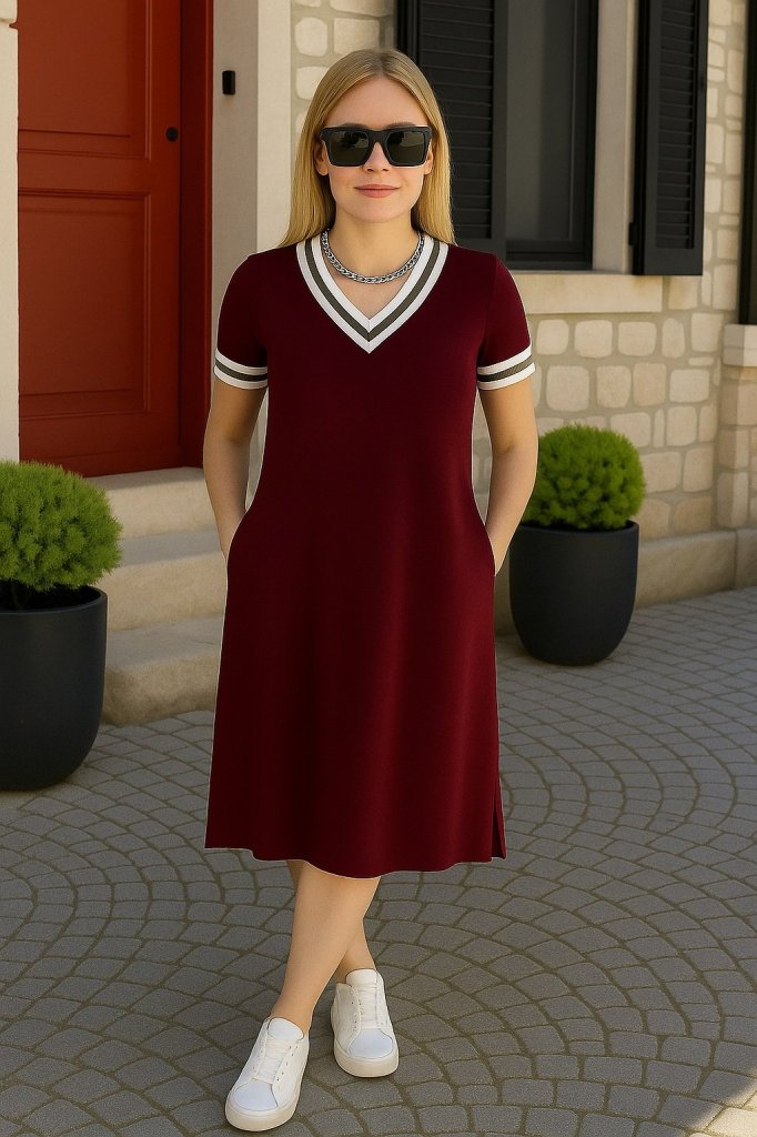 Women's Short Sleeve V-Neck with Ribbed Neck Detail Midi Viscose Dress