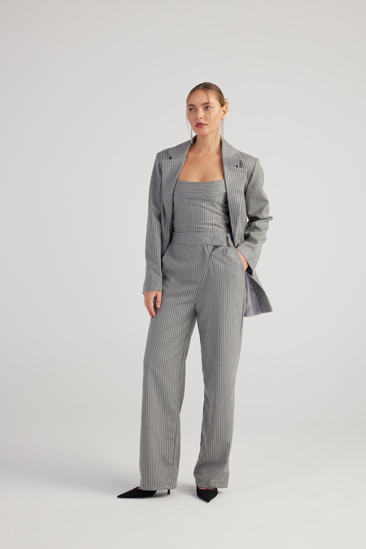 Oversize Kesim Simli Çizgili Eden Blazer Ceket Gri