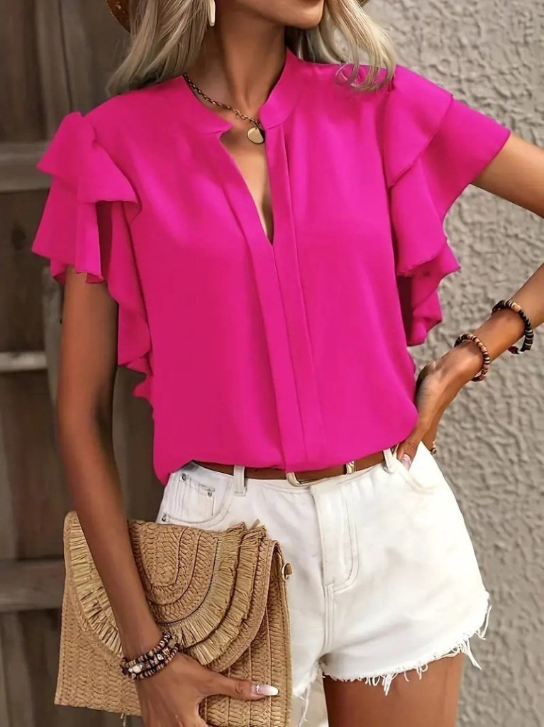 Women's Short Sleeve V Stand Collar Ruffled Sleeve Dubai Blouse