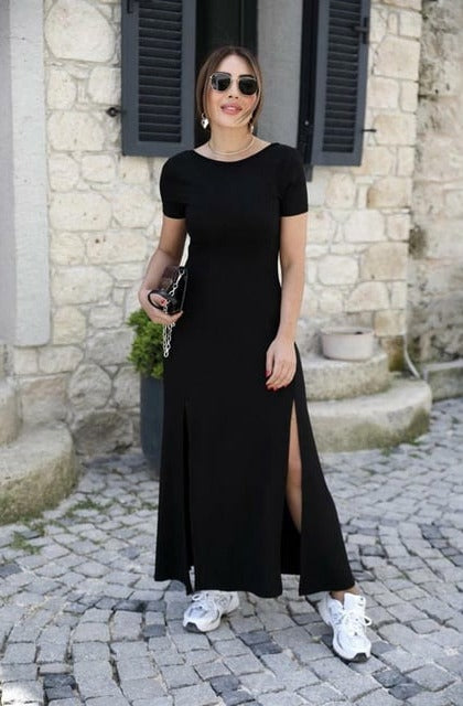 Women's Short Sleeve Back Cutout Slit Detail Viscose Dress