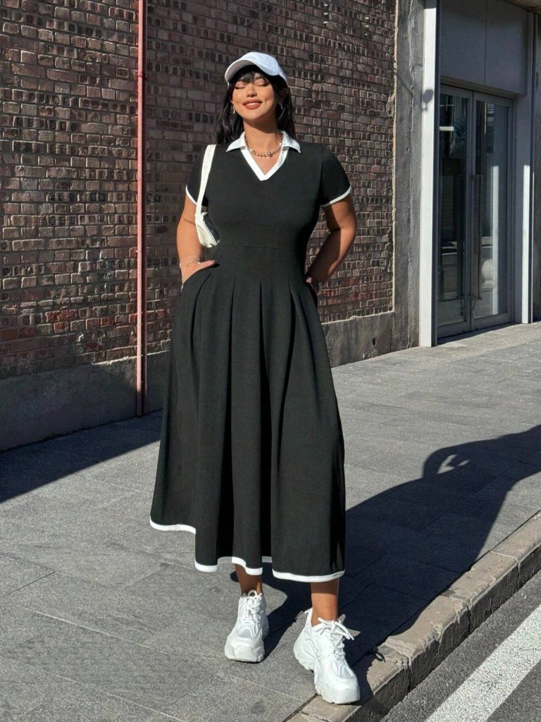 Women's Short Sleeve V Neck Pleated Long Ruffled Crepe Dress