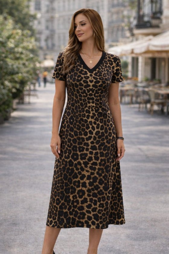 Women's Short Sleeve V Neck Leopard Print Short Supreme Dress