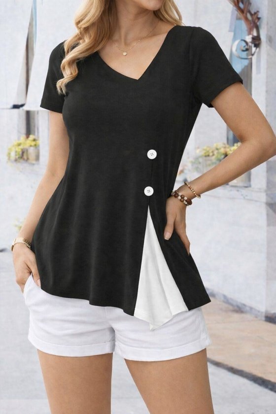 Women's Short Sleeve Asymmetric V-Neck Button Detail Viscose Blouse