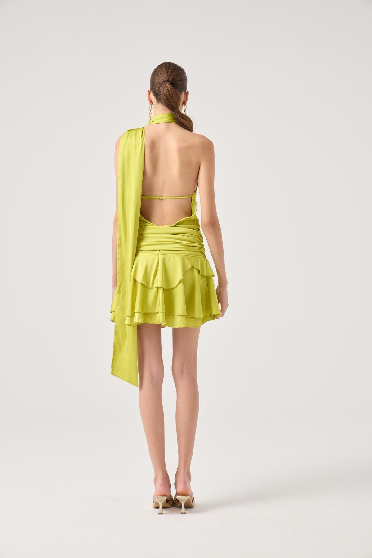 Kemerli Mini Saten Giana Elbise Yeşil