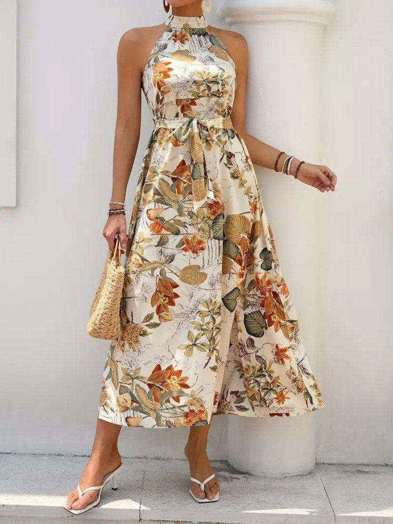 Women’s Off-Shoulder Halter Neck Slit Floral Printed Supreme Dress