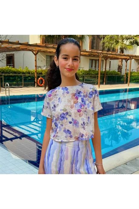 Çiçek Desenli Bluz Batik Desenli Rahat Pantolon Takım MOR 4 Yaş
