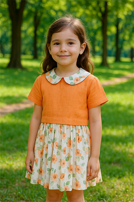 Çiçek Desenli Keten Kumaş Plise Etekli Takım TURUNCU 4 Yaş