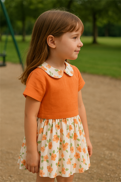Çiçek Desenli Keten Kumaş Plise Etekli Takım TURUNCU 4 Yaş