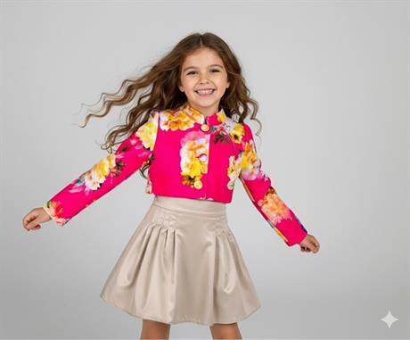 Çiçekli Crop Ceket Fuşya 14 Yaş