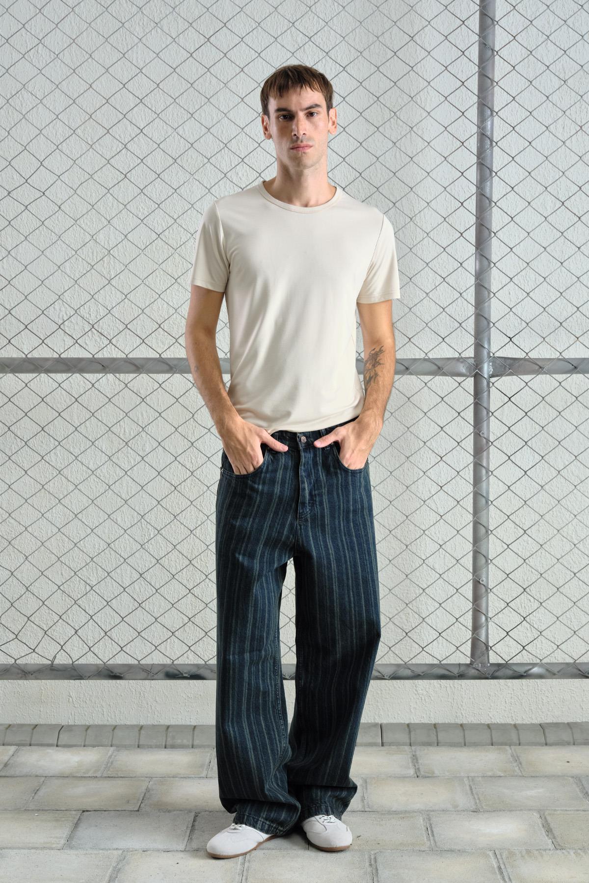 ÇİZGİLİ BAGGY LACİVERT JEAN