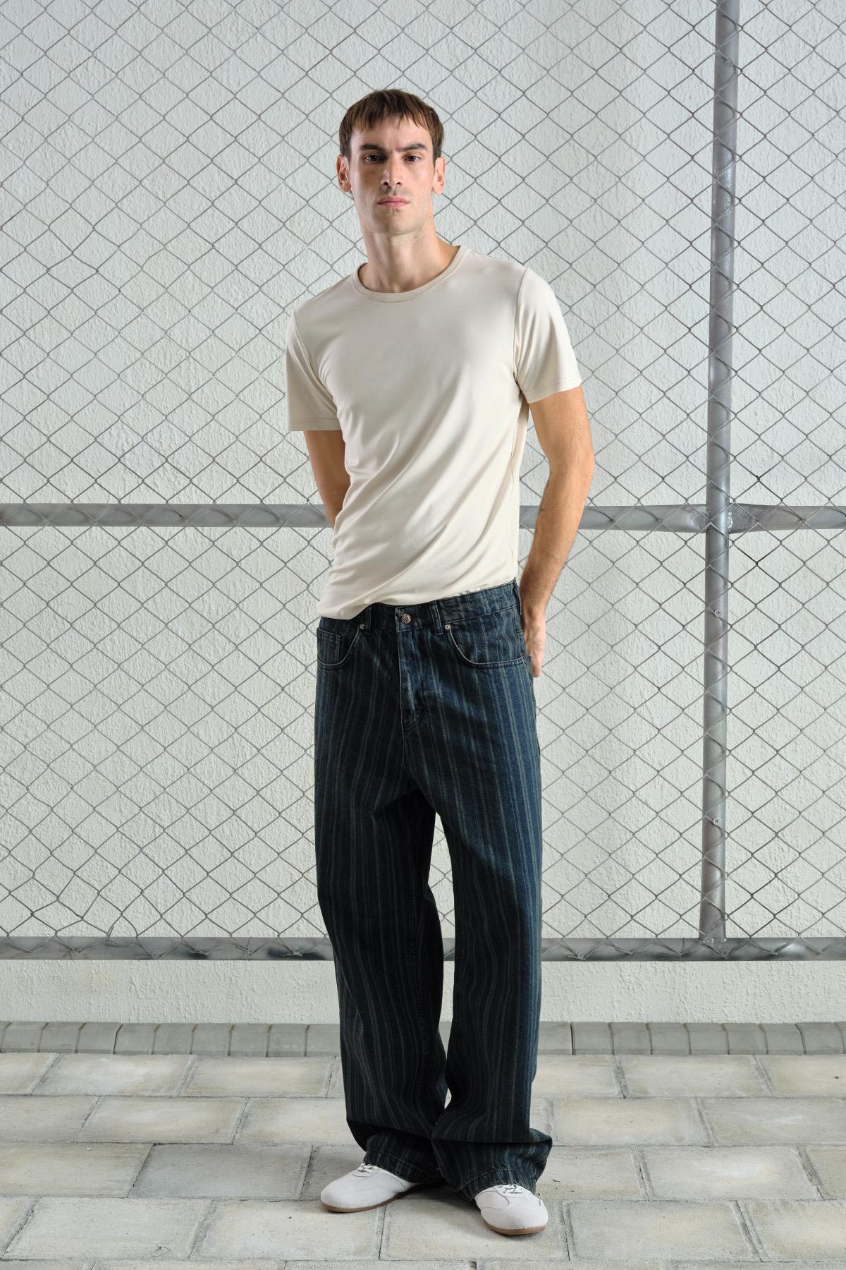 ÇİZGİLİ BAGGY LACİVERT JEAN