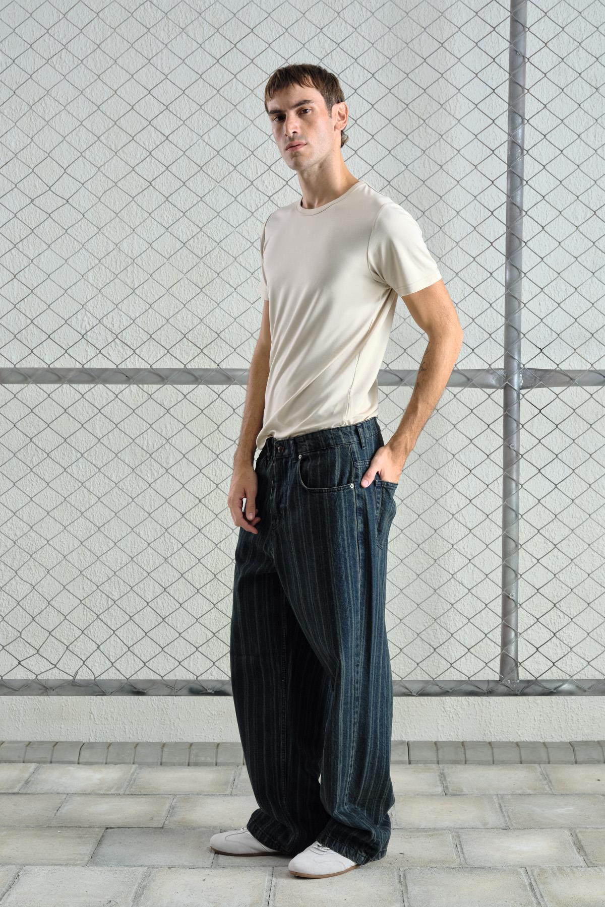 ÇİZGİLİ BAGGY LACİVERT JEAN