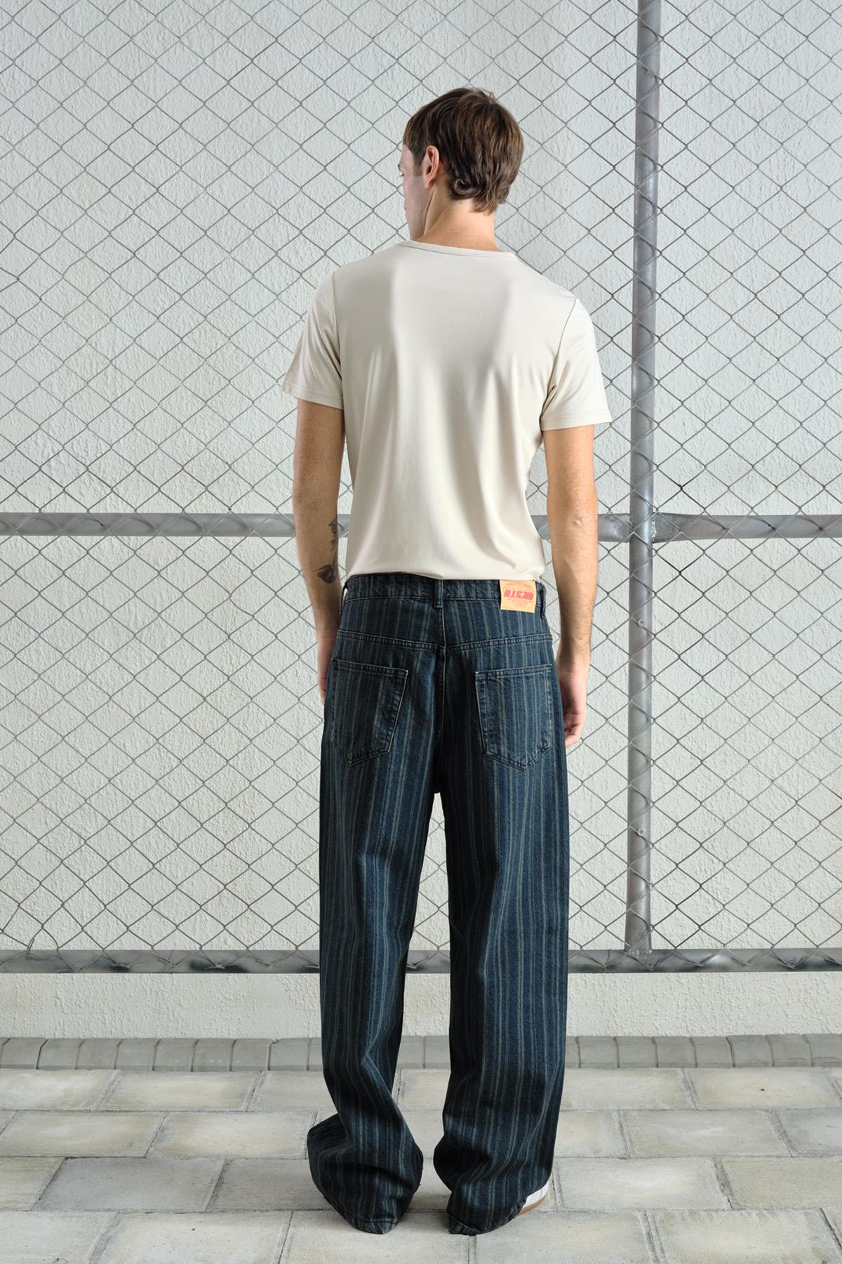 ÇİZGİLİ BAGGY LACİVERT JEAN