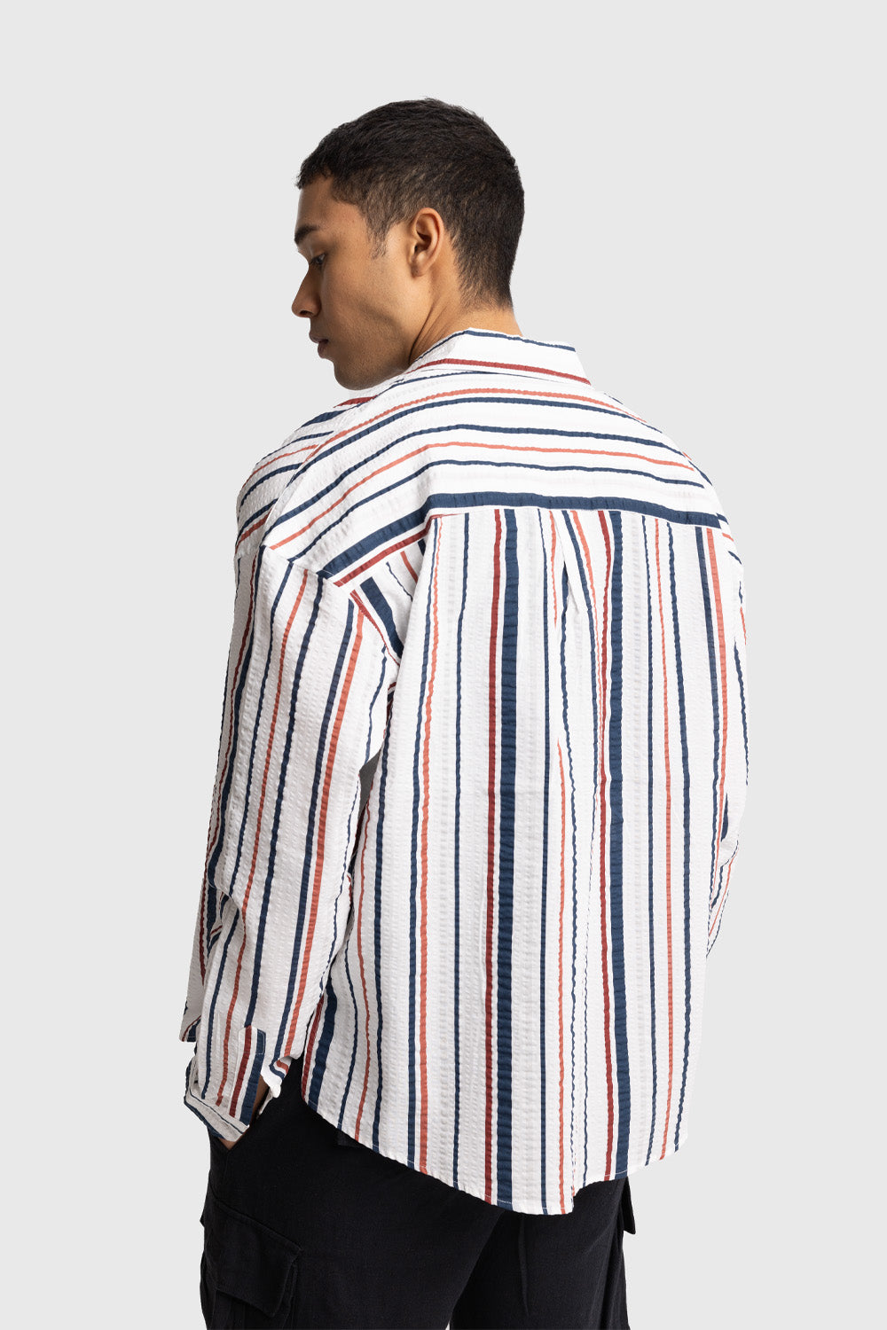 ÇİZGİLİ GOFRE GÖMLEK - KIRMIZI S