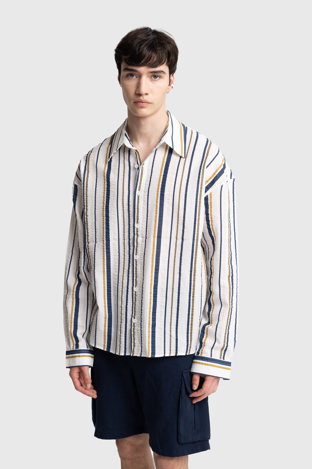 ÇİZGİLİ GOFRE GÖMLEK - LACİVERT M