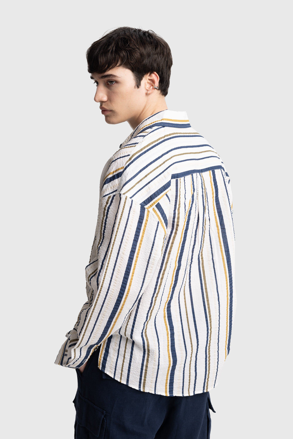 ÇİZGİLİ GOFRE GÖMLEK - LACİVERT L