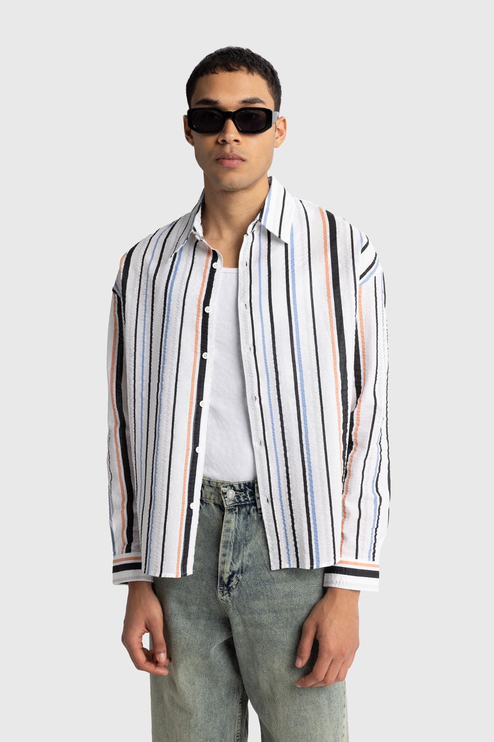 ÇİZGİLİ GOFRE GÖMLEK - MAVİ M