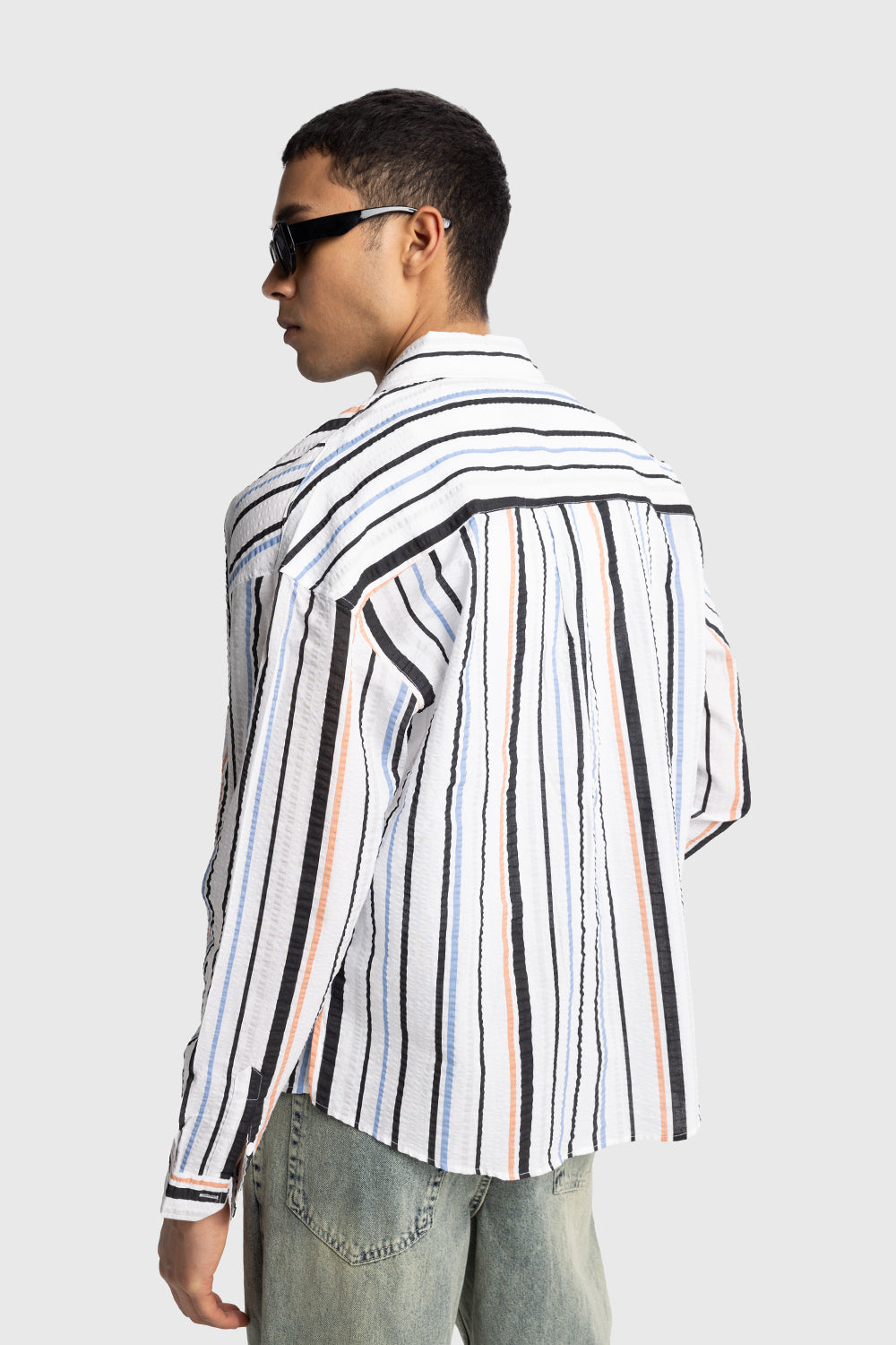 ÇİZGİLİ GOFRE GÖMLEK - MAVİ L