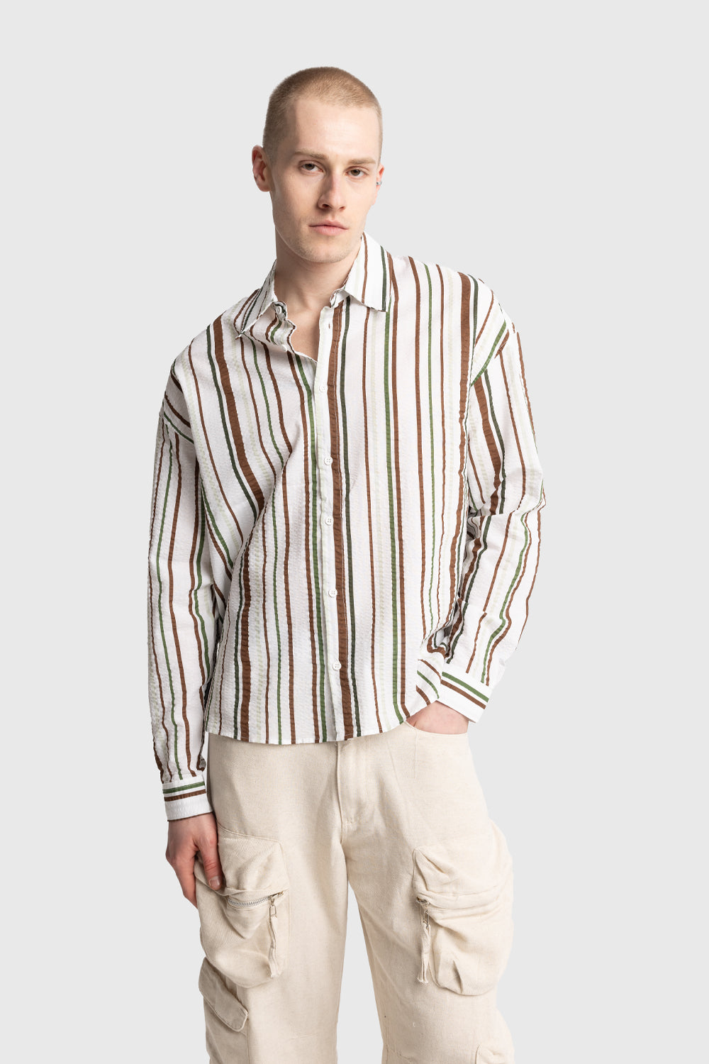 ÇİZGİLİ GOFRE GÖMLEK - YEŞİL S