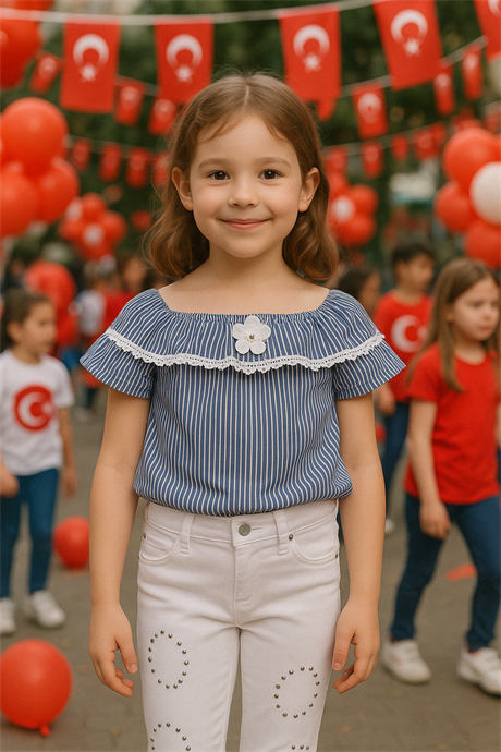 Çizgili Kayık Yaka Bluz ve Beyaz Pantolon Lacivert 13 Yaş