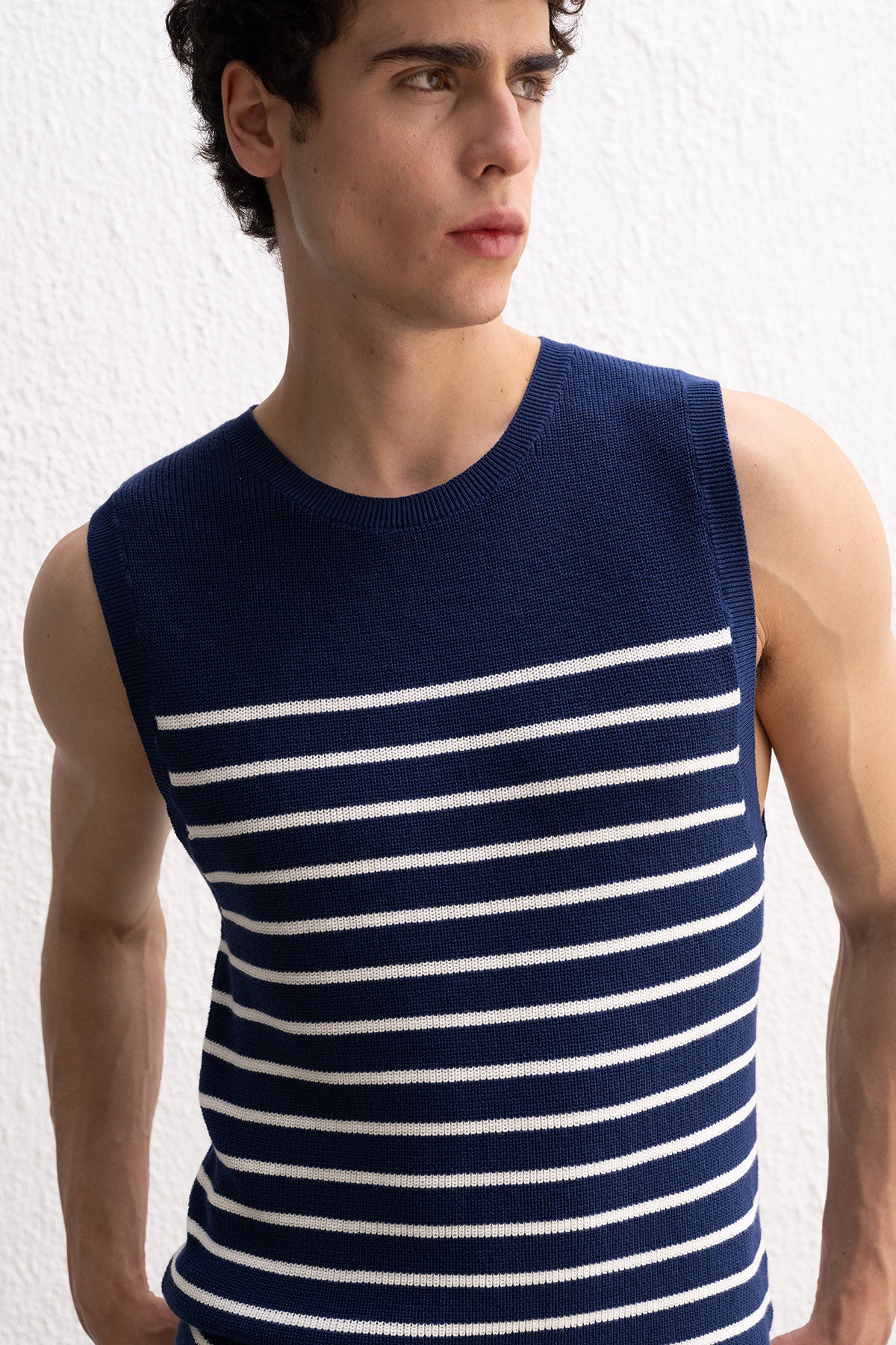 ÇİZGİLİ KOLSUZ TRIKO LACİVERT T-SHIRT - LACİVERT S-M