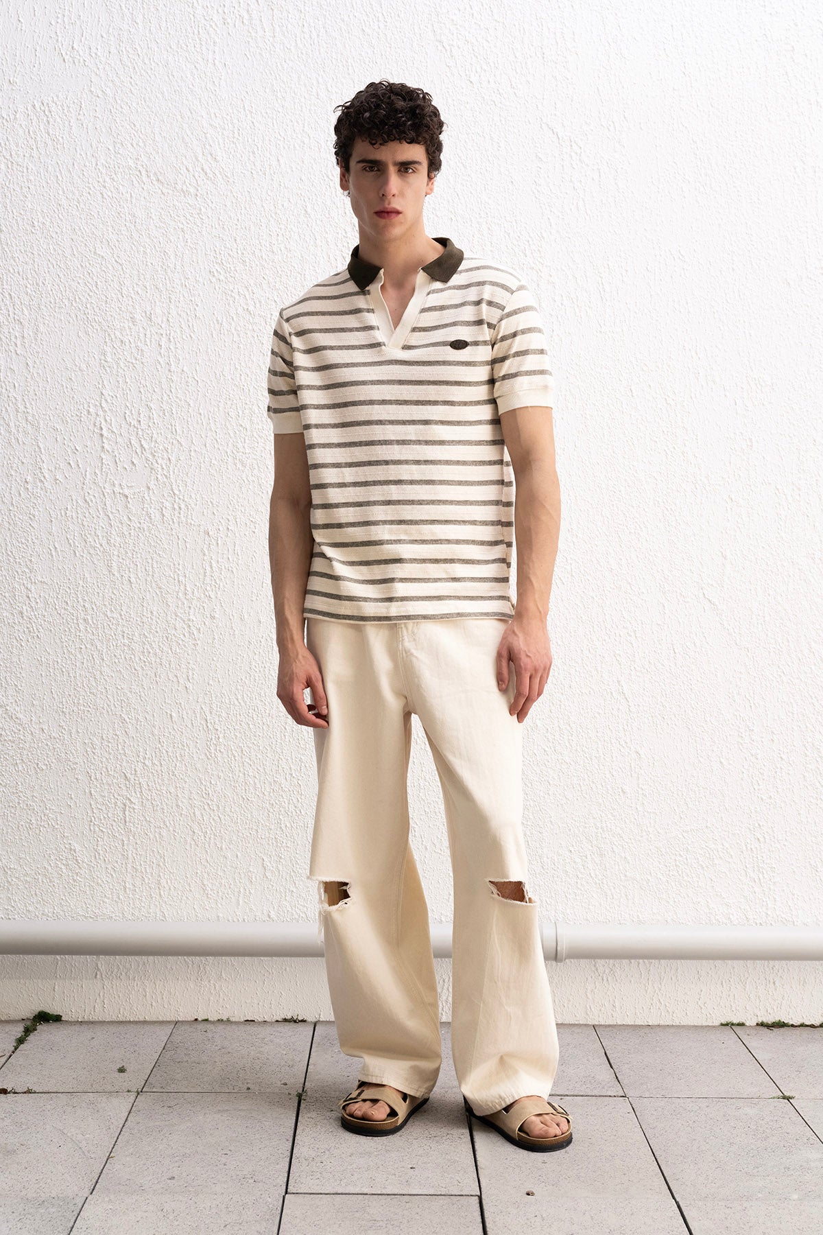 ÇİZGİLİ POLO YAKA HAKİ T-SHIRT - HAKİ L