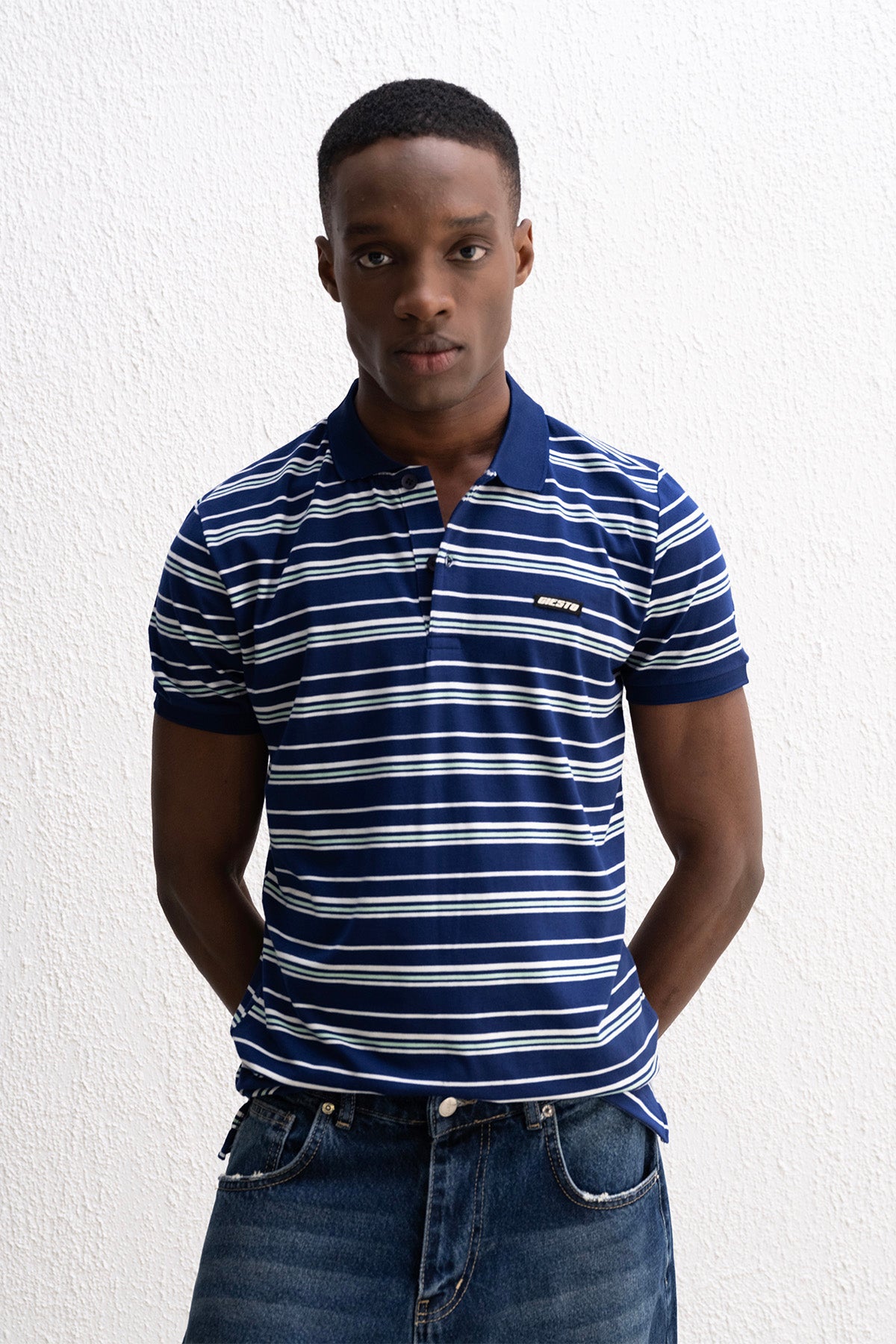 ÇİZGİLİ POLO YAKA LACİVERT T-SHIRT - LACİVERT S