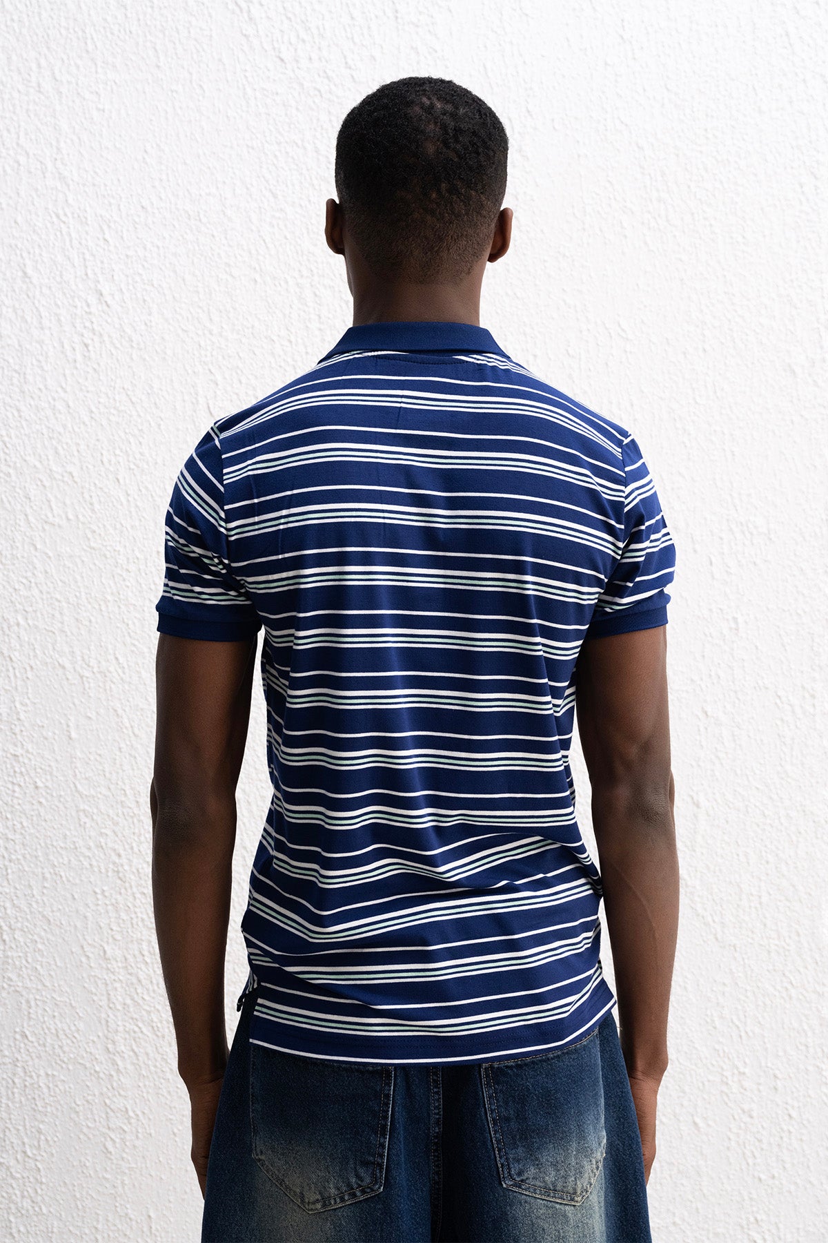 ÇİZGİLİ POLO YAKA LACİVERT T-SHIRT - LACİVERT L