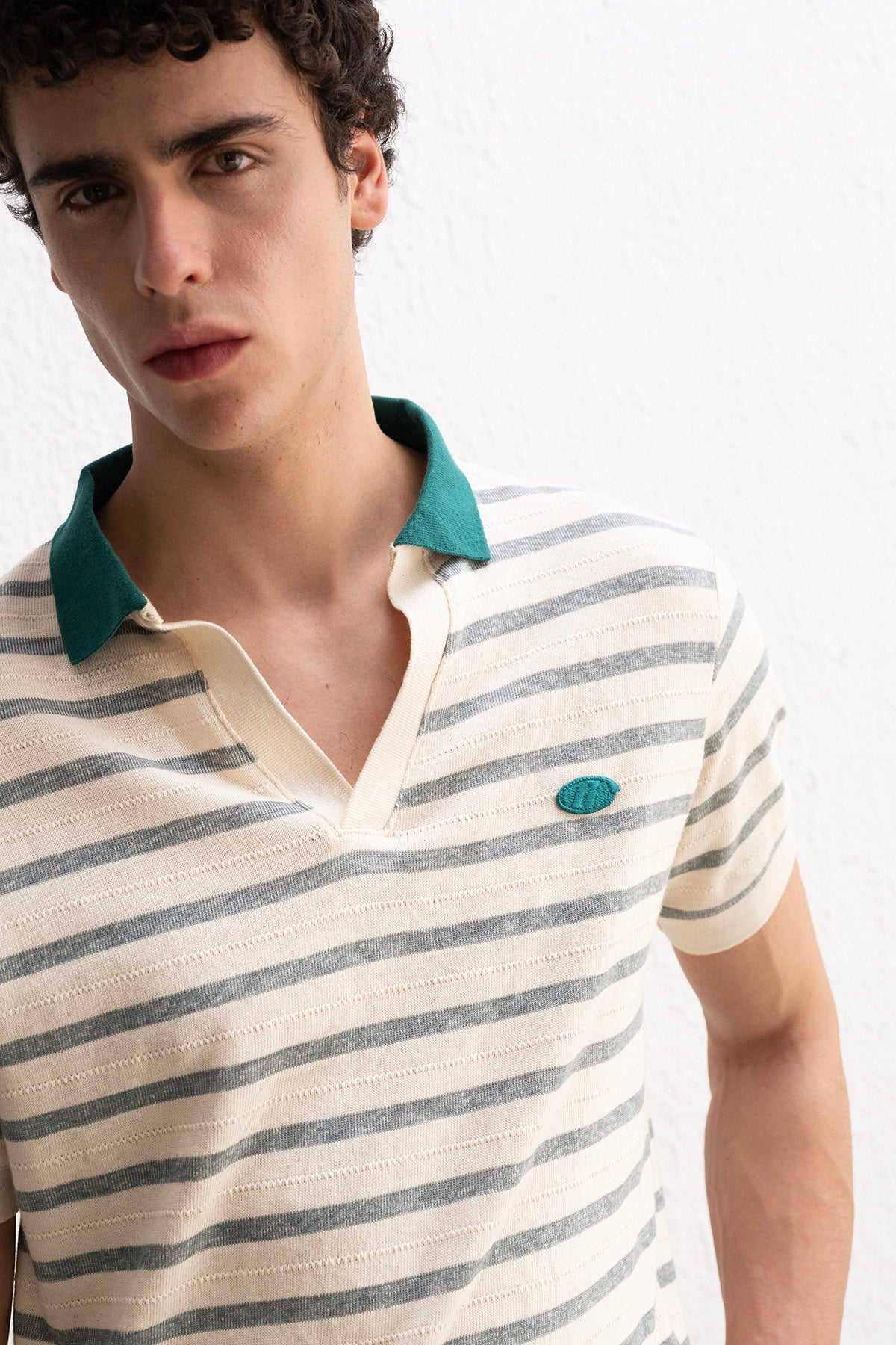 ÇİZGİLİ POLO YAKA YEŞİL T-SHIRT - YEŞİL S
