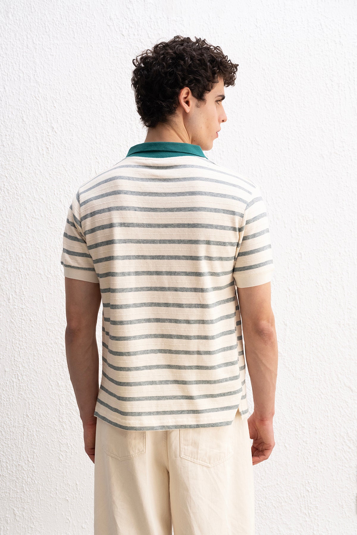 ÇİZGİLİ POLO YAKA YEŞİL T-SHIRT - YEŞİL S
