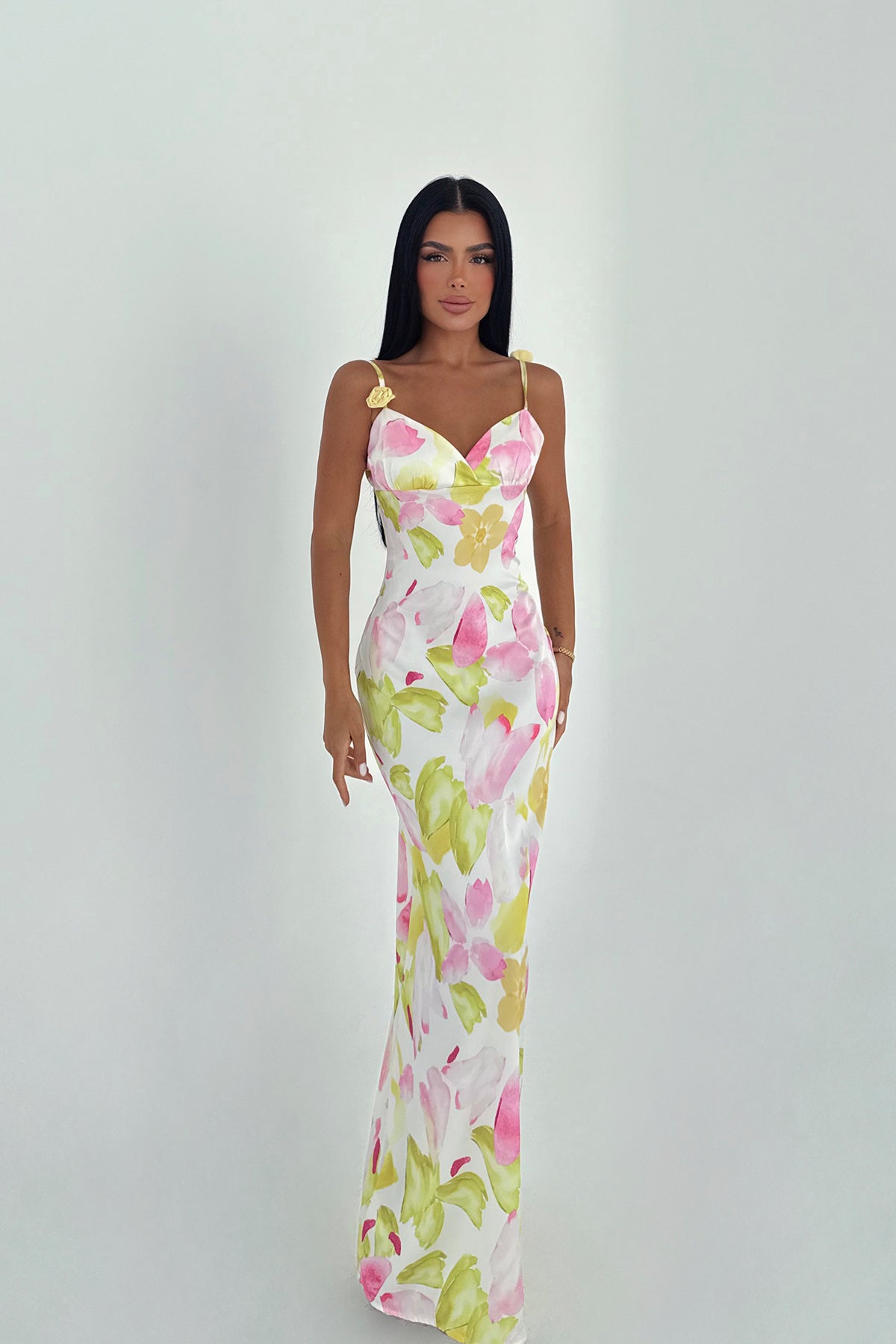 Çok Renkli Chyler Uzun Çiçek Desenli Elbise ATE-3369