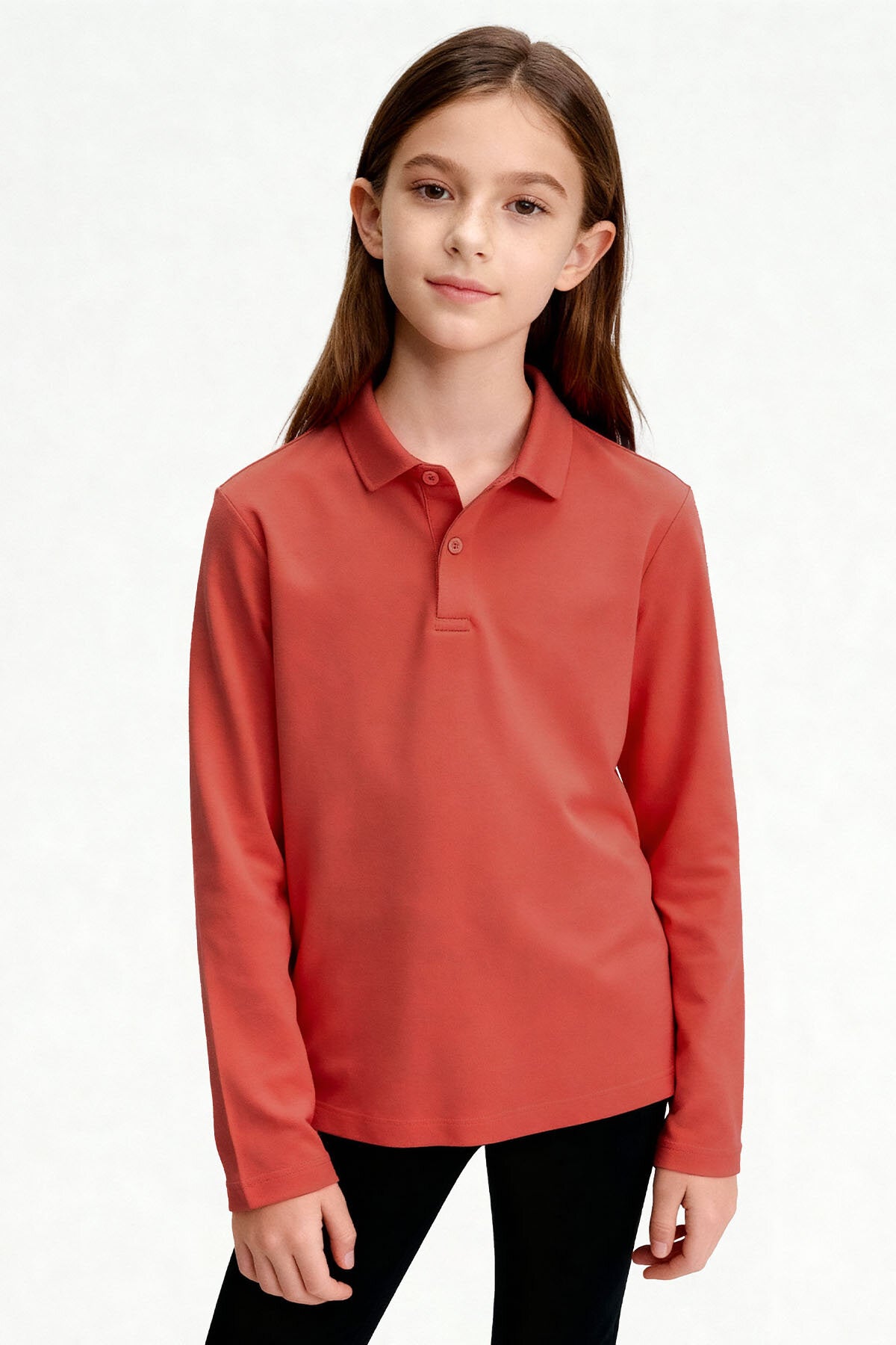 Coral Polo Yaka Basic Uzun Kollu Unisex Çocuk T-Shirt - 11170