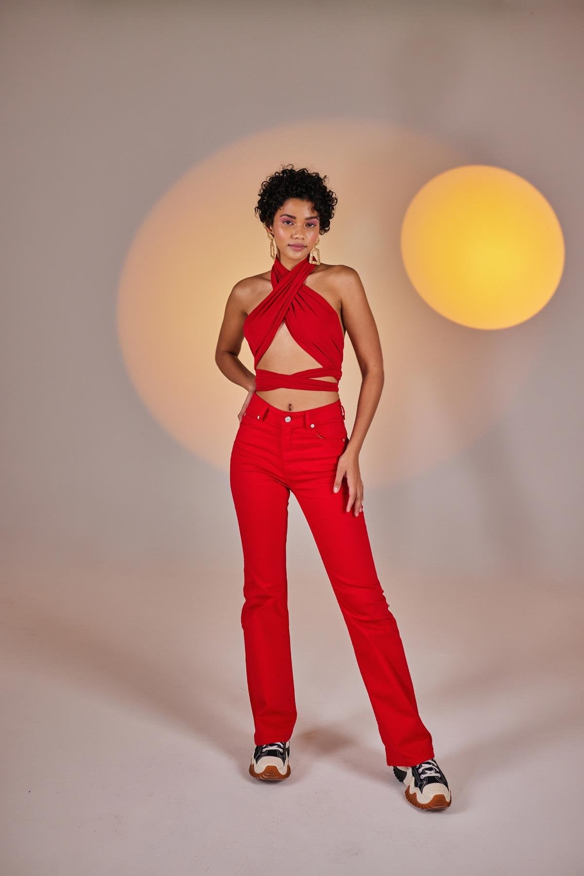 Crop Model Wrap Top Kırmızı