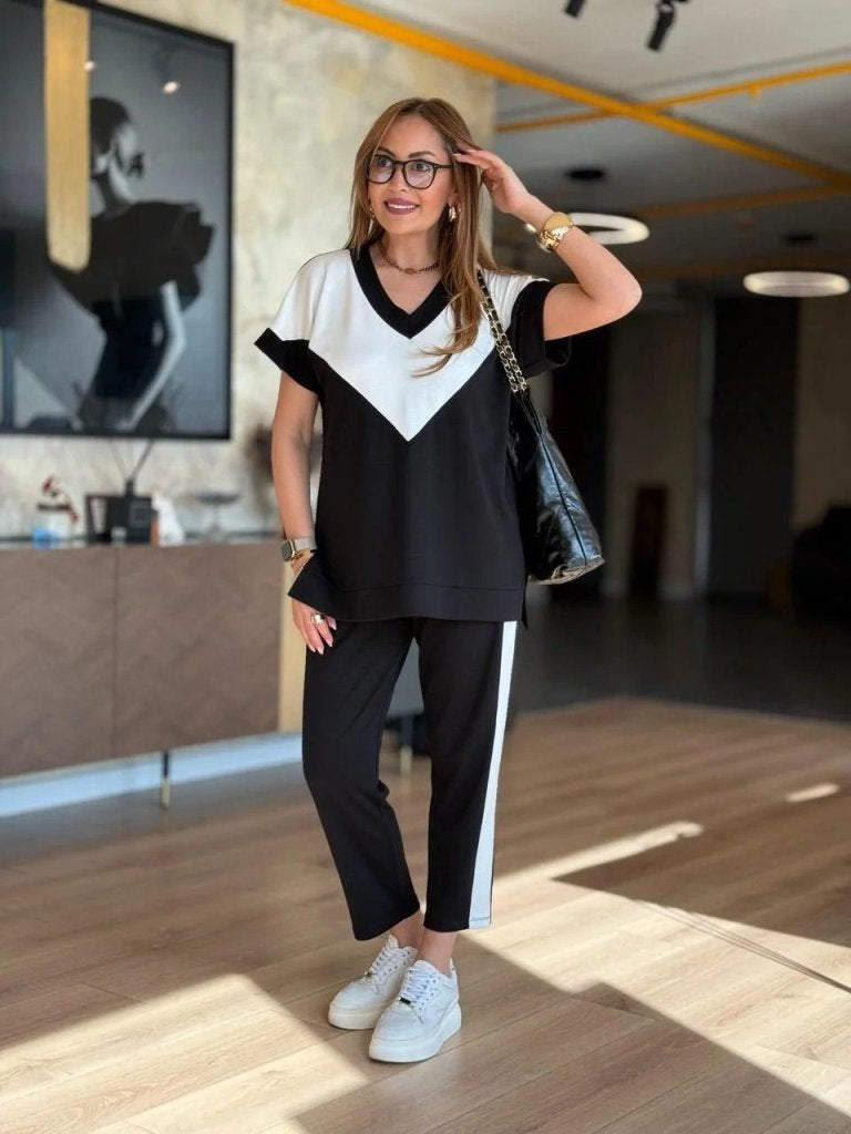 Kadın Kısa Kollu V Yakalı çift Renkli Viskon Iki Iplik Ikili Bluz Ve Pantolon Takım