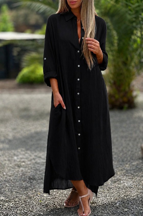 Women's Long Sleeve Collared Front Button Wide Cut Detailed Long Dress