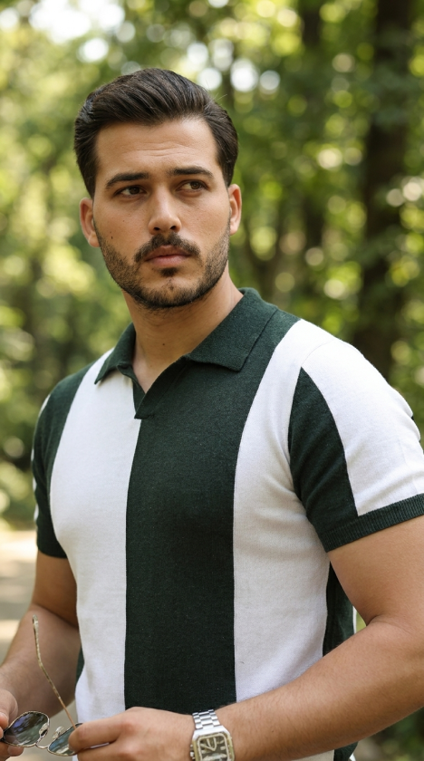 Erkek Kısa Kollu Polo Yakalı Blok Desenli Triko Bluz
