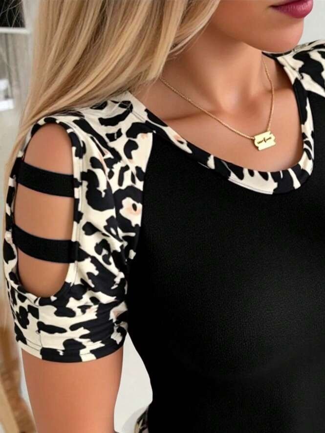 Women's Short Sleeve Round Neck Sleeve Stripe Detail Leopard Viscose Blouse